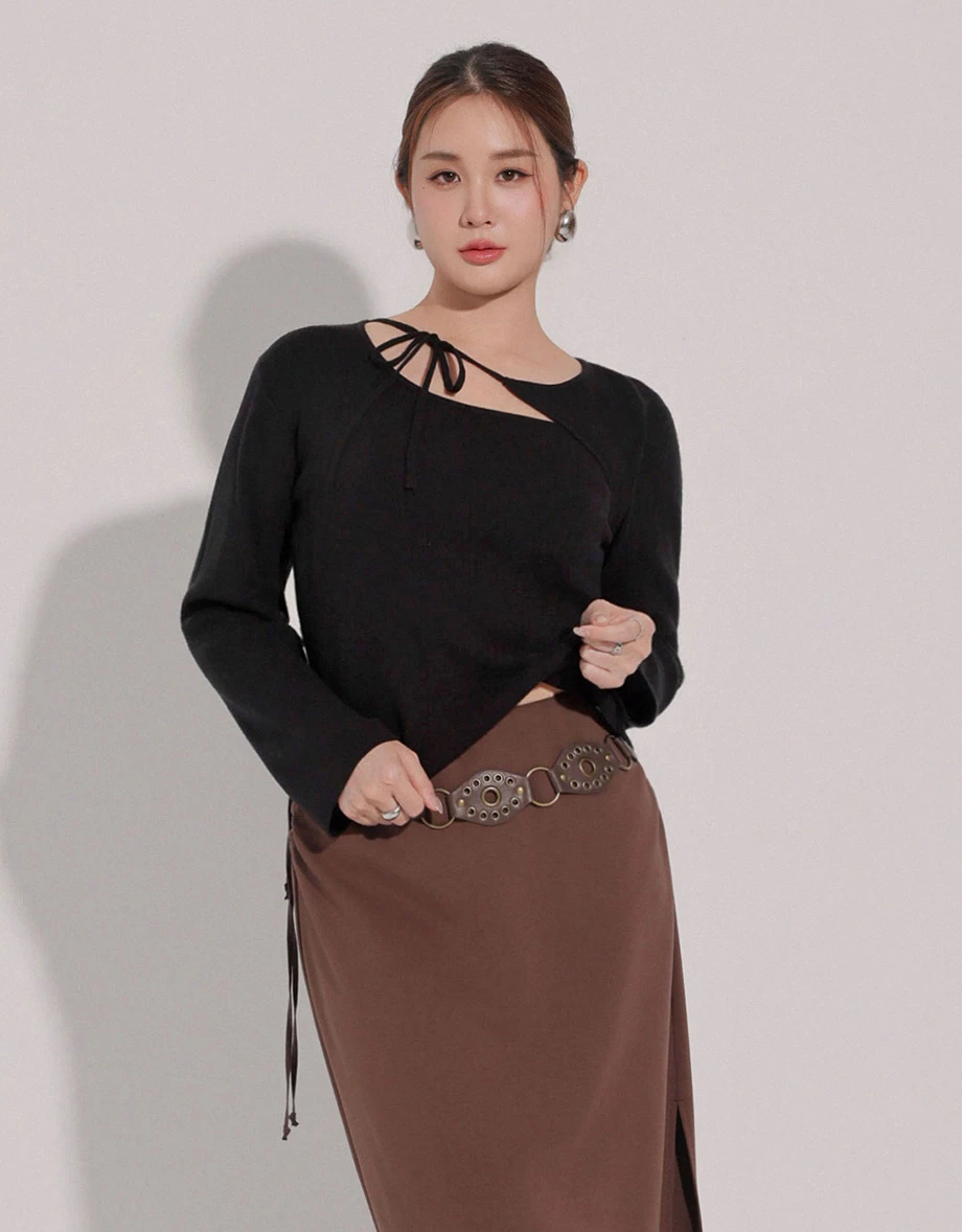 【Ling Cheng Design】Asymmetric Front Tie Knit Long Sleeve Top