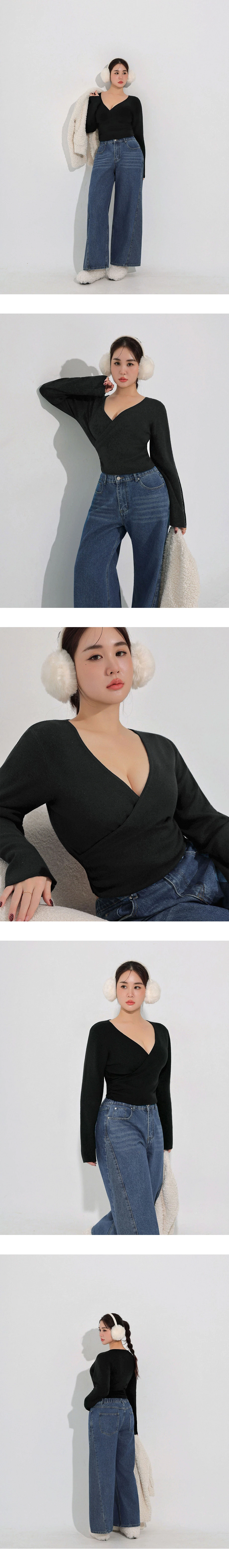 Soft Knit Wrap Front V Neck Long Sleeve Slim Fit Top