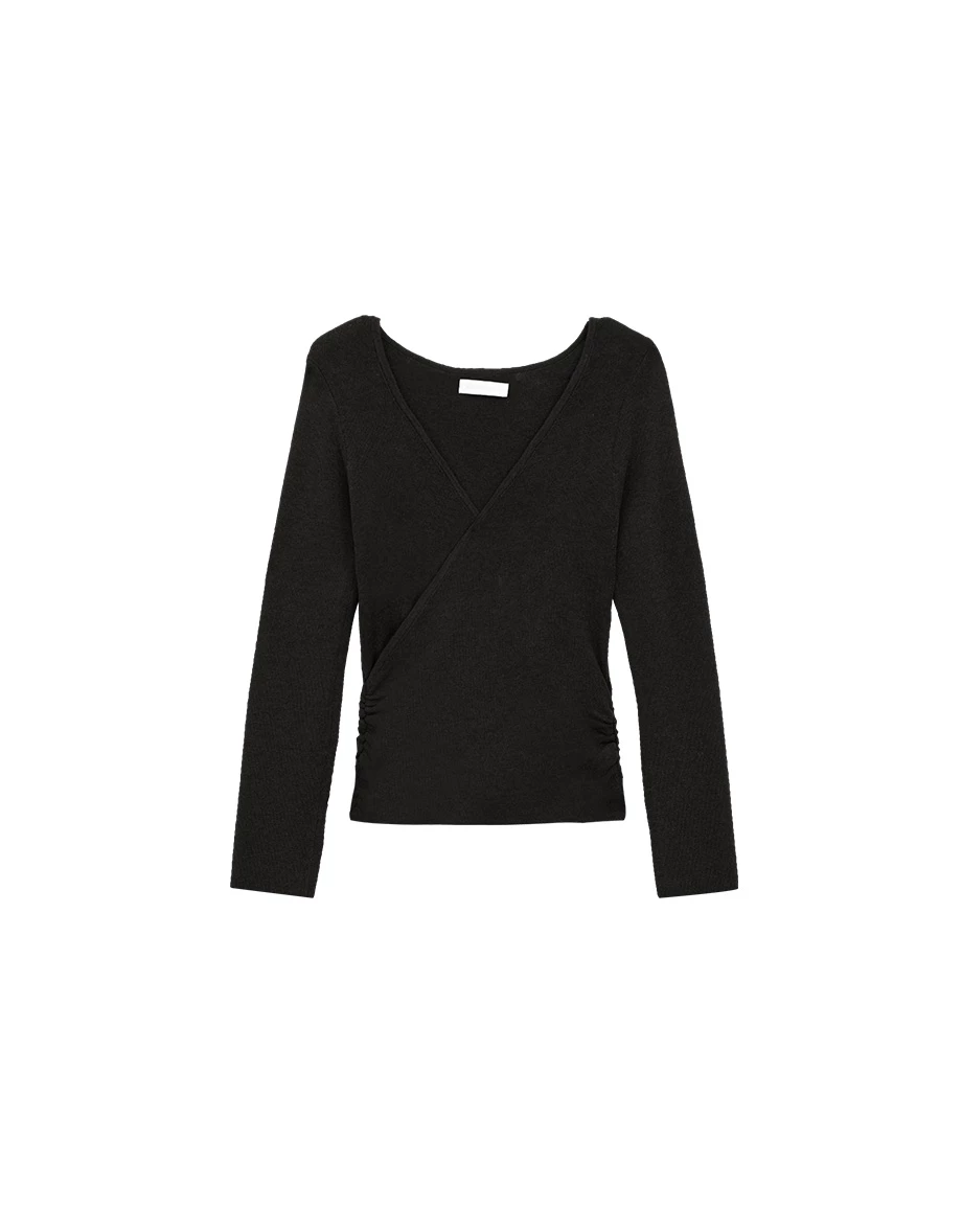 Soft Knit Wrap Front V Neck Long Sleeve Slim Fit Top