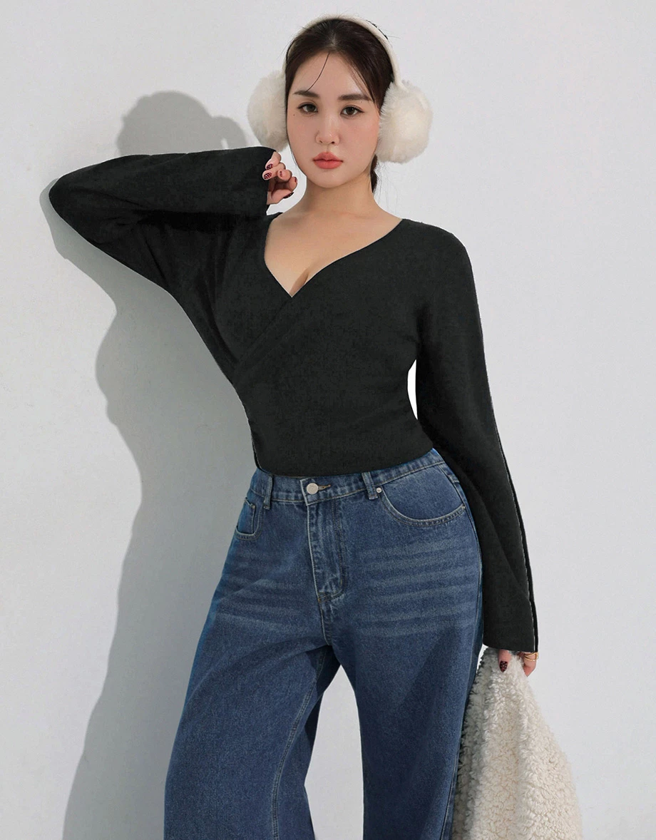 Soft Knit Wrap Front V Neck Long Sleeve Slim Fit Top