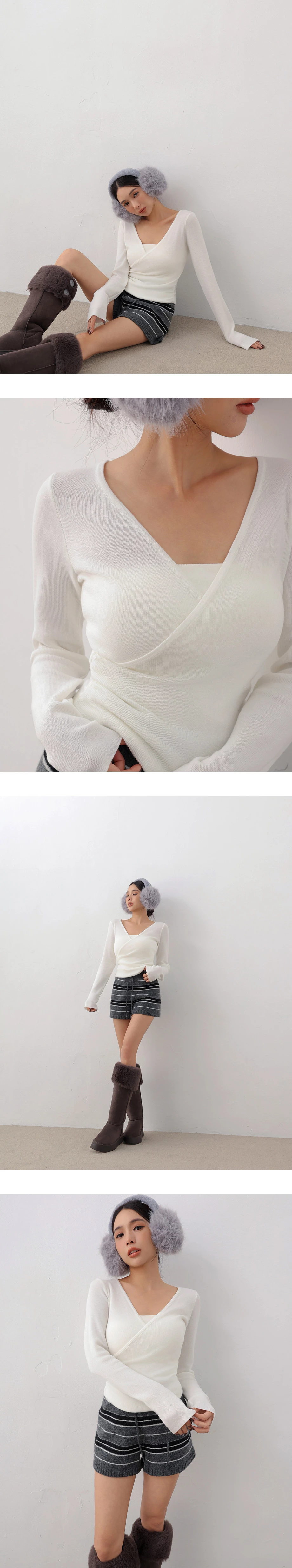 Soft Knit Wrap Front V Neck Long Sleeve Slim Fit Top