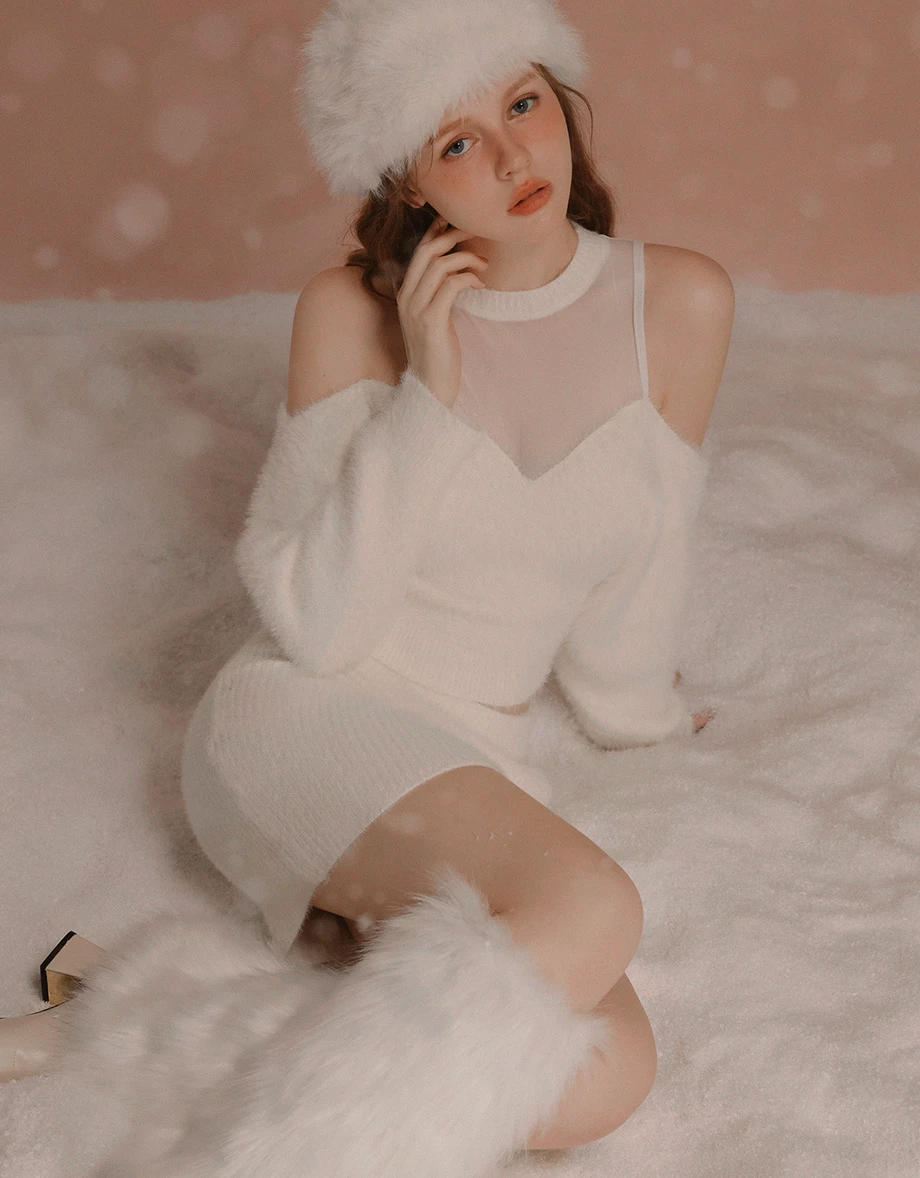 Fluffy Knit Off Shoulder Top with Sheer Mesh Neckline