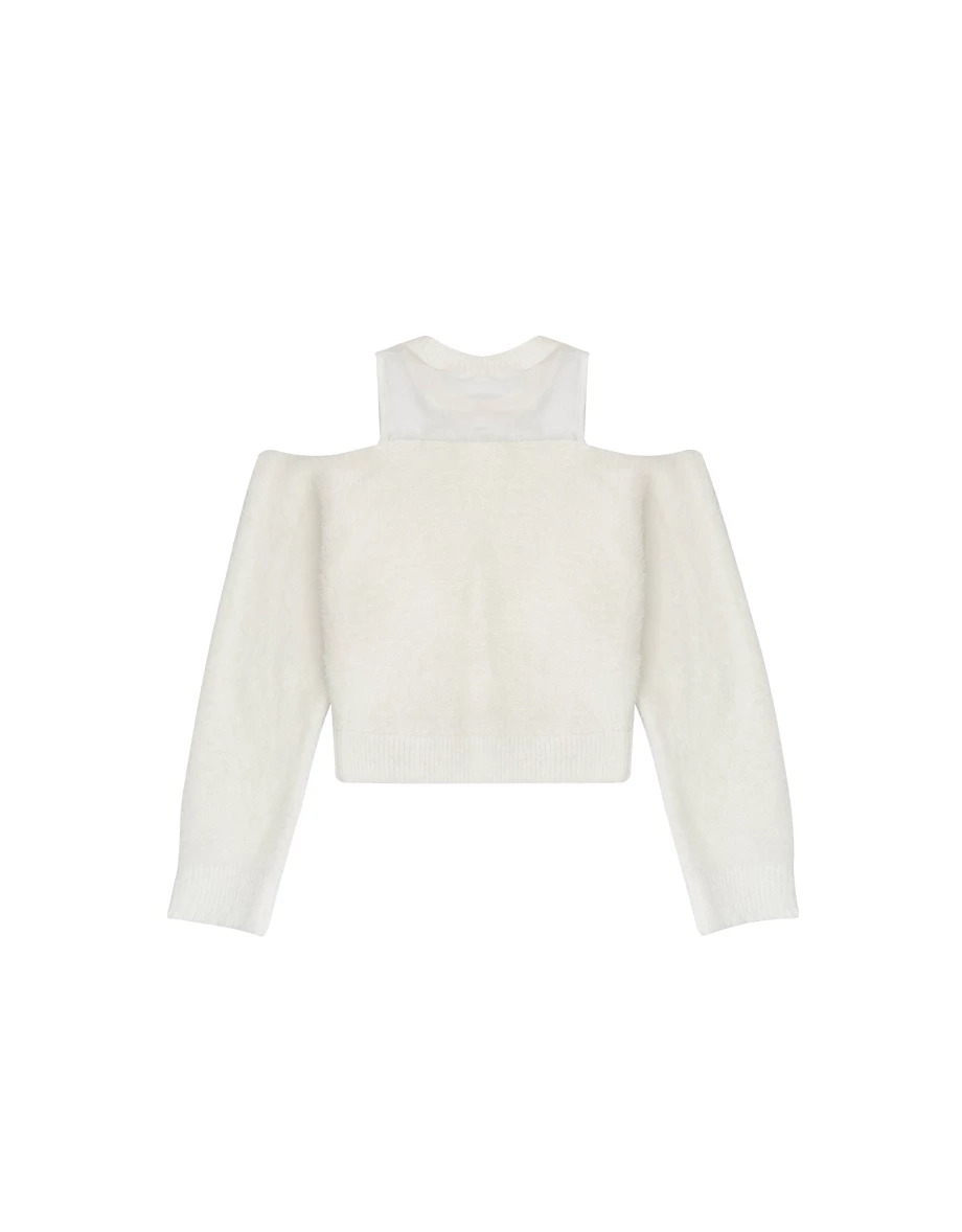 Fluffy Knit Off Shoulder Top with Sheer Mesh Neckline