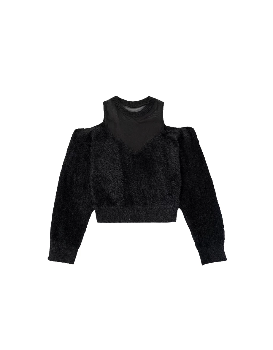 Fluffy Knit Off Shoulder Top with Sheer Mesh Neckline