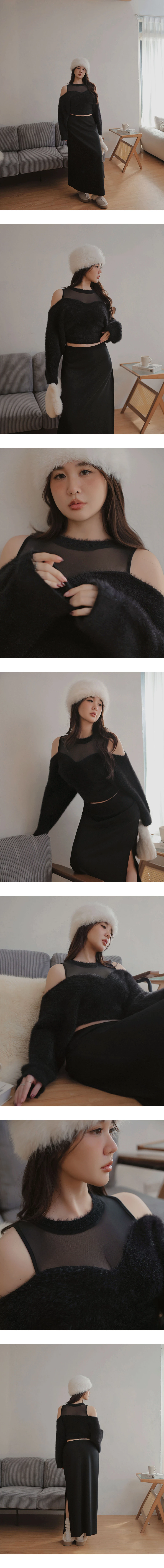 Fluffy Knit Off Shoulder Top with Sheer Mesh Neckline
