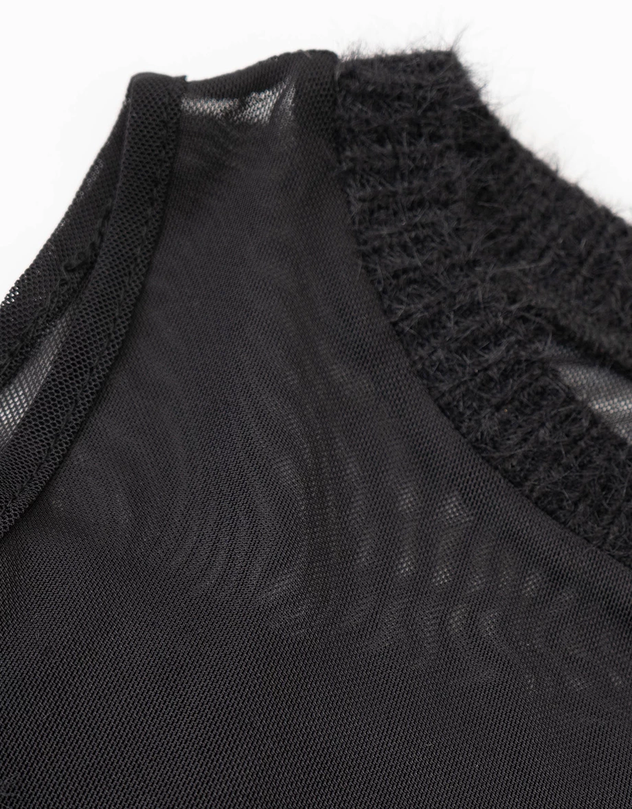 Fluffy Knit Off Shoulder Top with Sheer Mesh Neckline