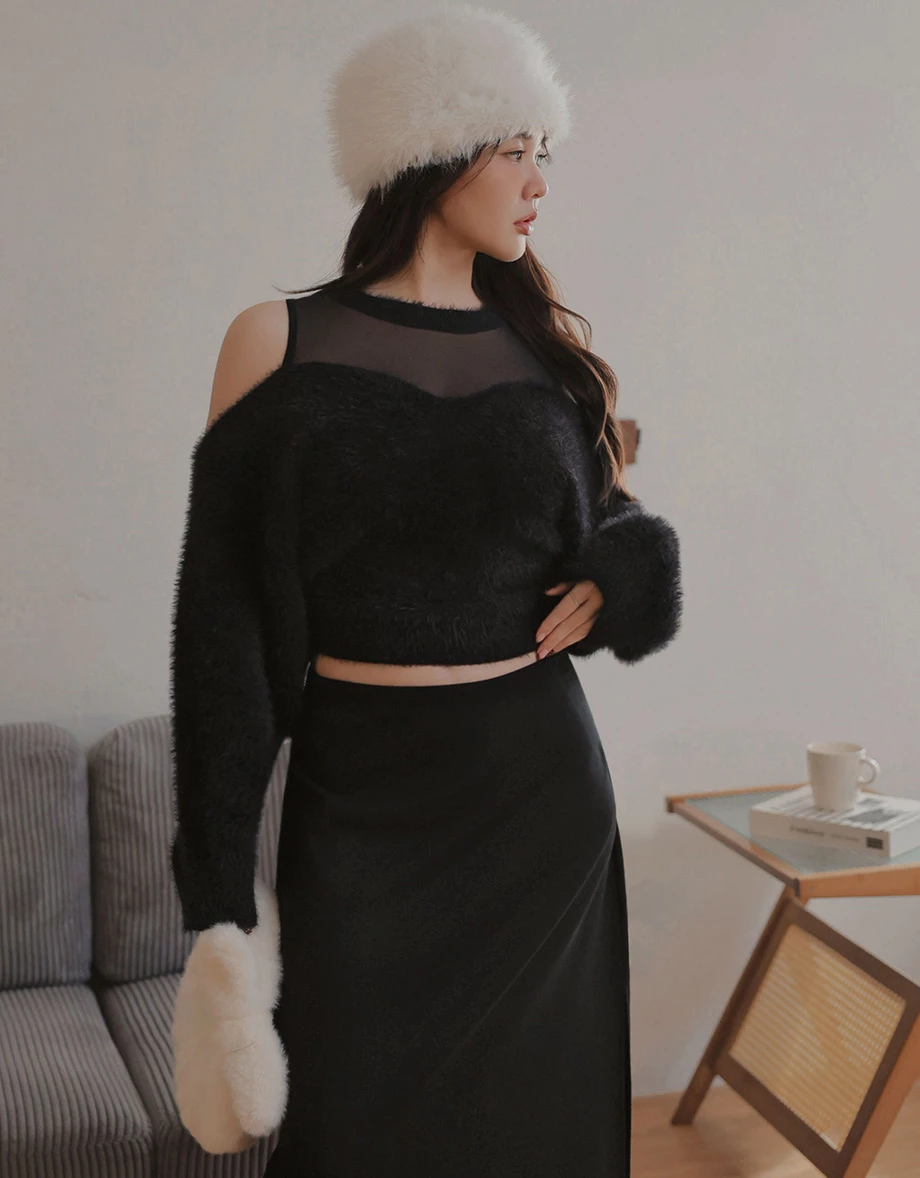 Fluffy Knit Off Shoulder Top with Sheer Mesh Neckline