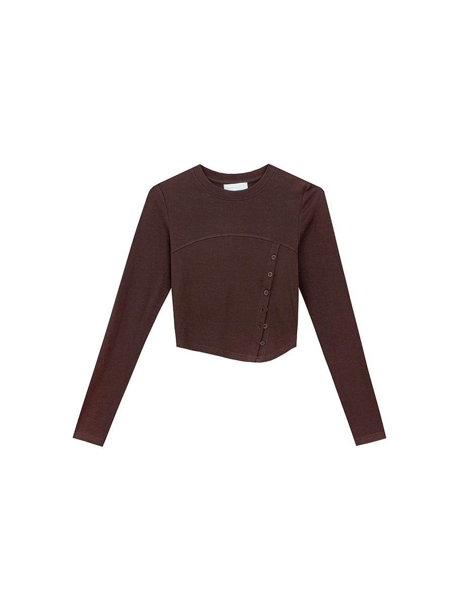 Asymmetrical Side Button Fitted Long Sleeve Top