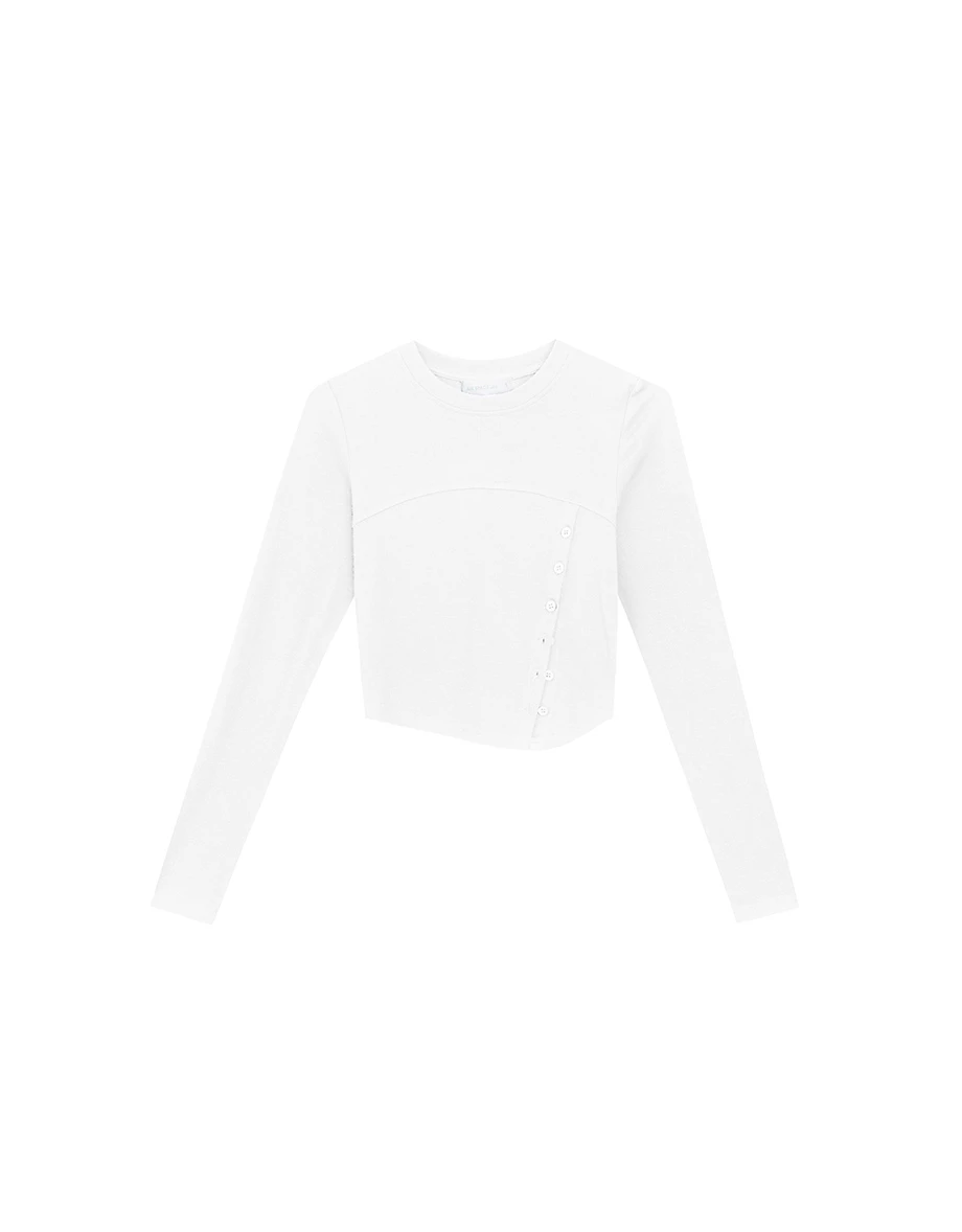 Asymmetrical Side Button Fitted Long Sleeve Top