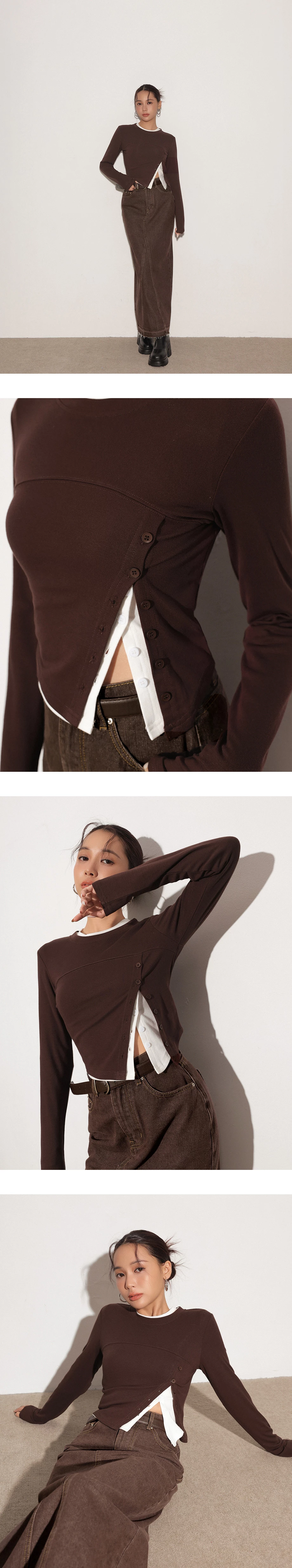 Asymmetrical Side Button Fitted Long Sleeve Top