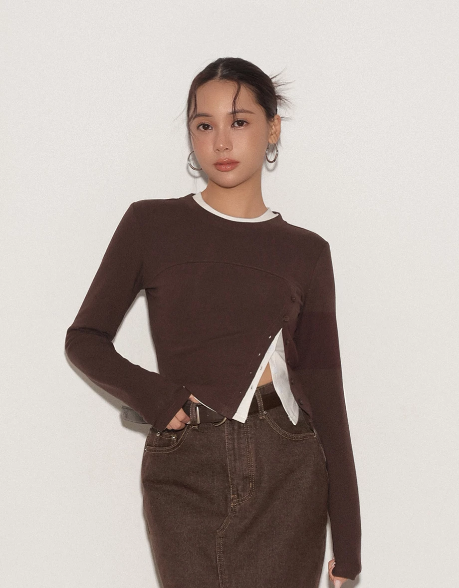 Asymmetrical Side Button Fitted Long Sleeve Top