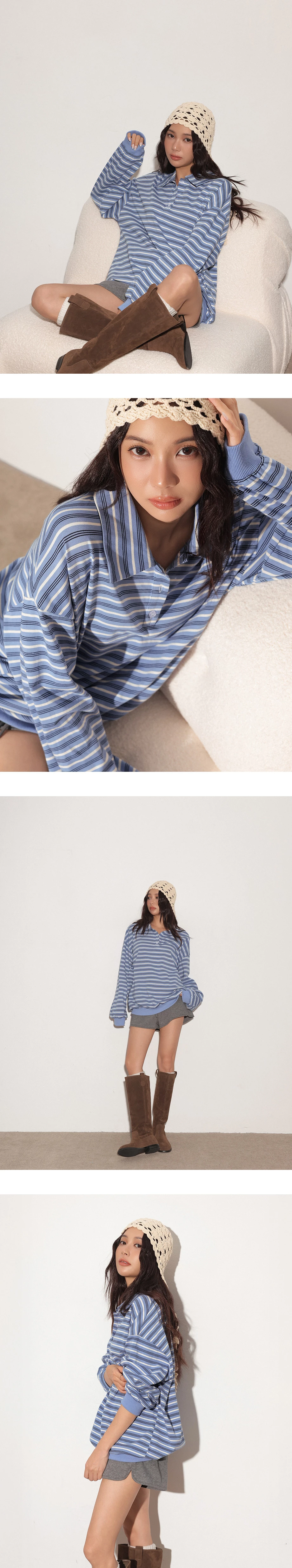 Retro Striped Knit Oversized Long Sleeve Polo Sweatshirt