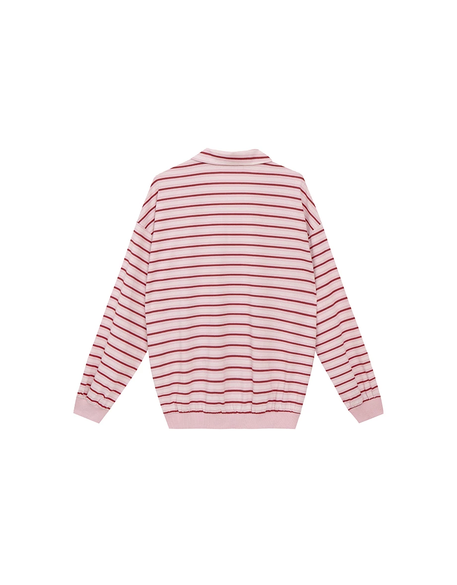 Retro Striped Knit Oversized Long Sleeve Polo Sweatshirt