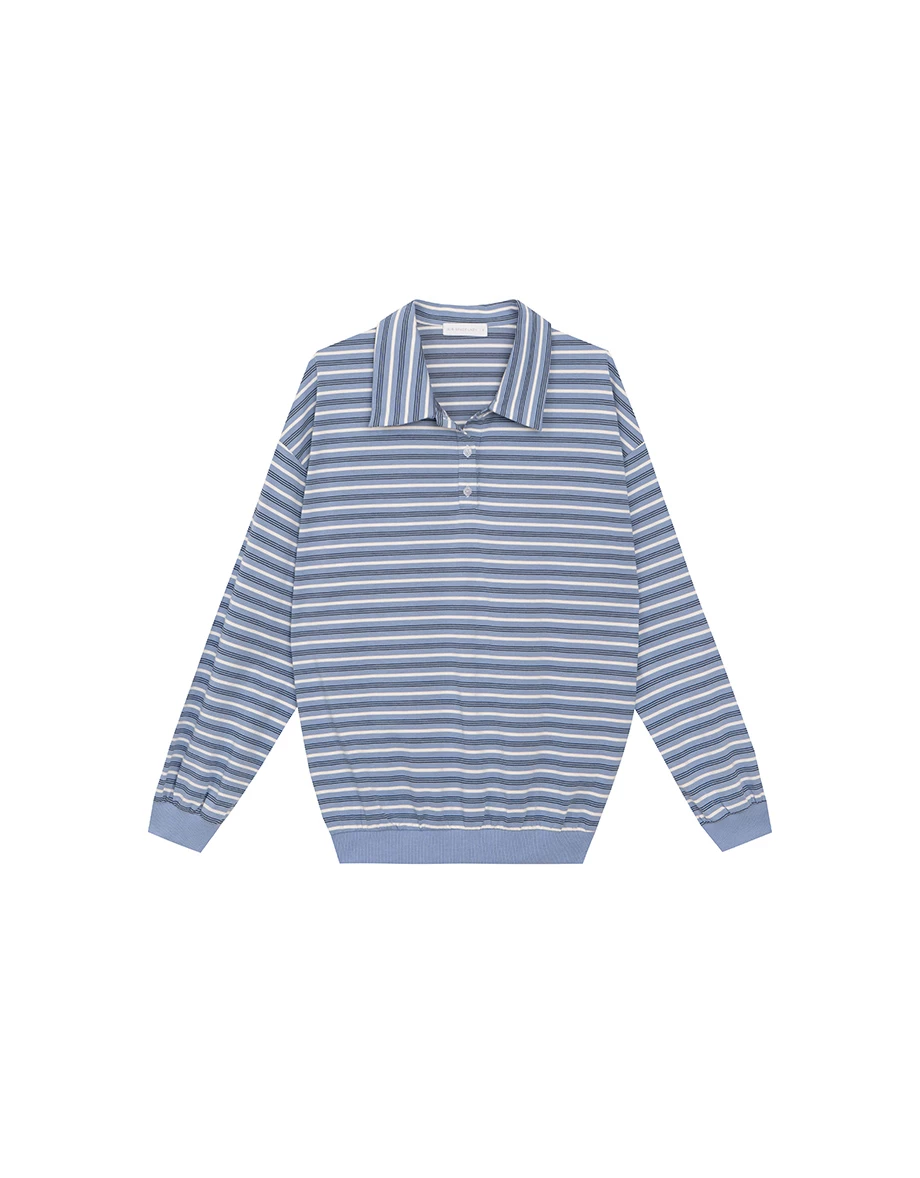 Retro Striped Knit Oversized Long Sleeve Polo Sweatshirt