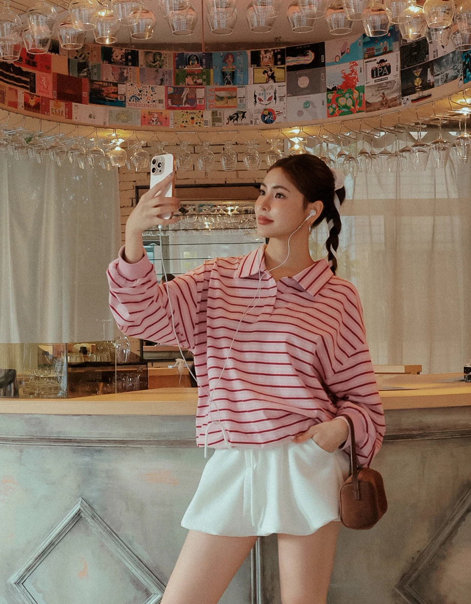 Retro Striped Knit Oversized Long Sleeve Polo Sweatshirt