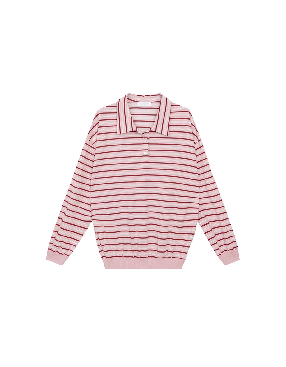 Retro Striped Knit Oversized Long Sleeve Polo Sweatshirt