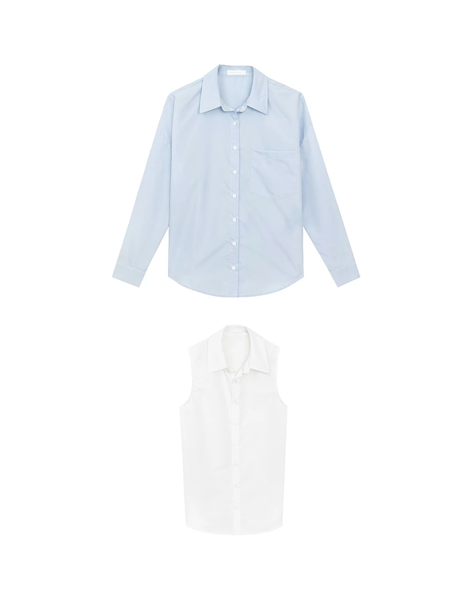 【Ling Cheng Design】Button Down Collared Shirt Blouse with Sleeveless Inner Shirt Set Wear  (Striped / Solid)