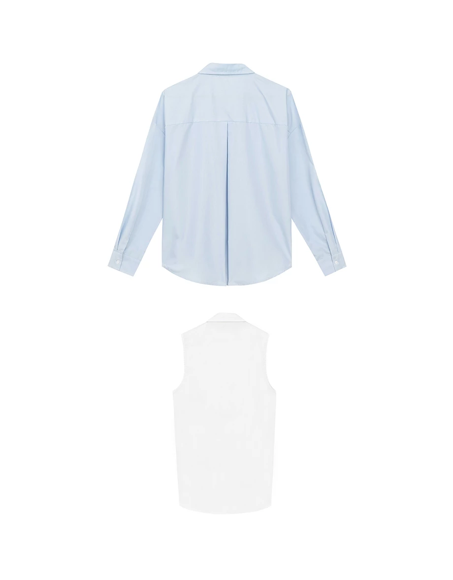 【Ling Cheng Design】Button Down Collared Shirt Blouse with Sleeveless Inner Shirt Set Wear  (Striped / Solid)