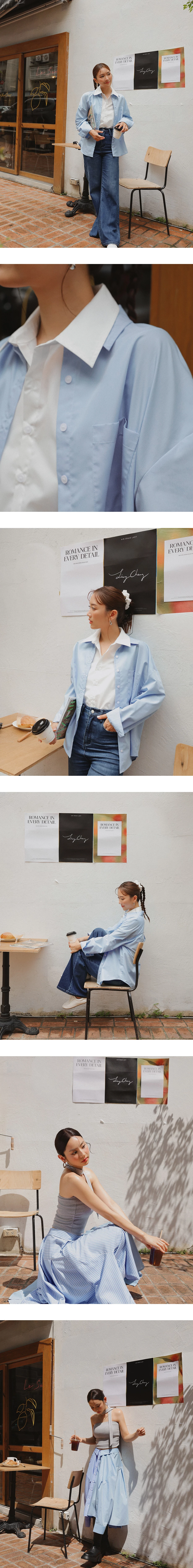 【Ling Cheng Design】Button Down Collared Shirt Blouse with Sleeveless Inner Shirt Set Wear (Striped / Solid)