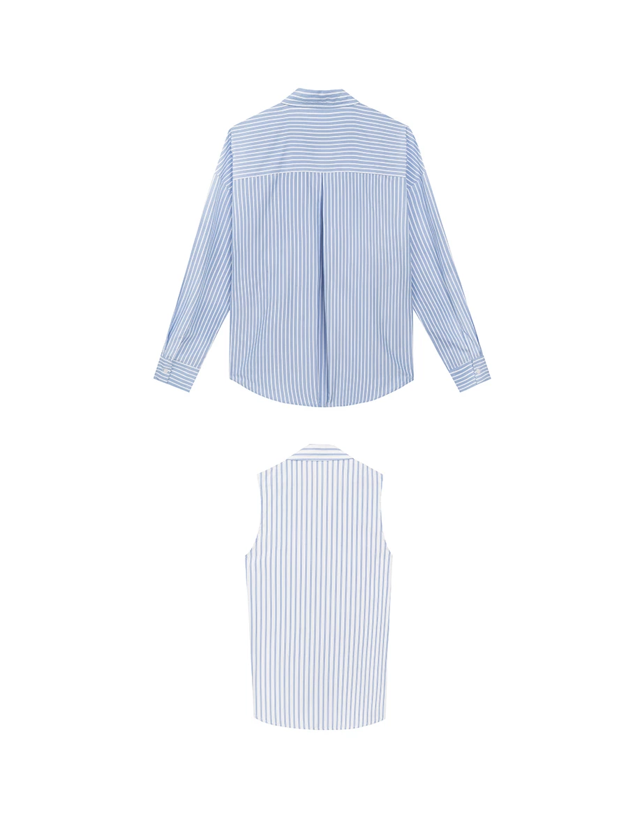 【Ling Cheng Design】Button Down Collared Shirt Blouse with Sleeveless Inner Shirt Set Wear  (Striped / Solid)