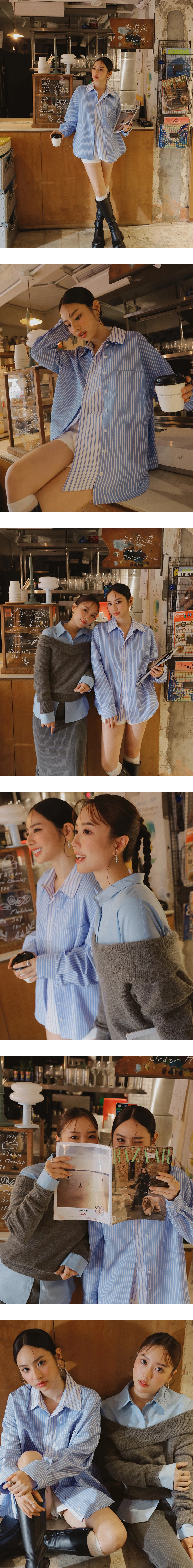 【Ling Cheng Design】Button Down Collared Shirt Blouse with Sleeveless Inner Shirt Set Wear (Striped / Solid)
