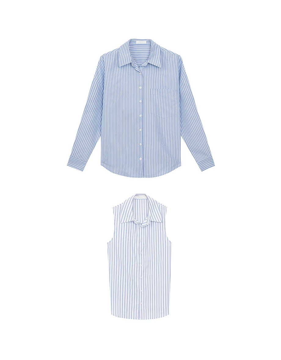 【Ling Cheng Design】Button Down Collared Shirt Blouse with Sleeveless Inner Shirt Set Wear  (Striped / Solid)