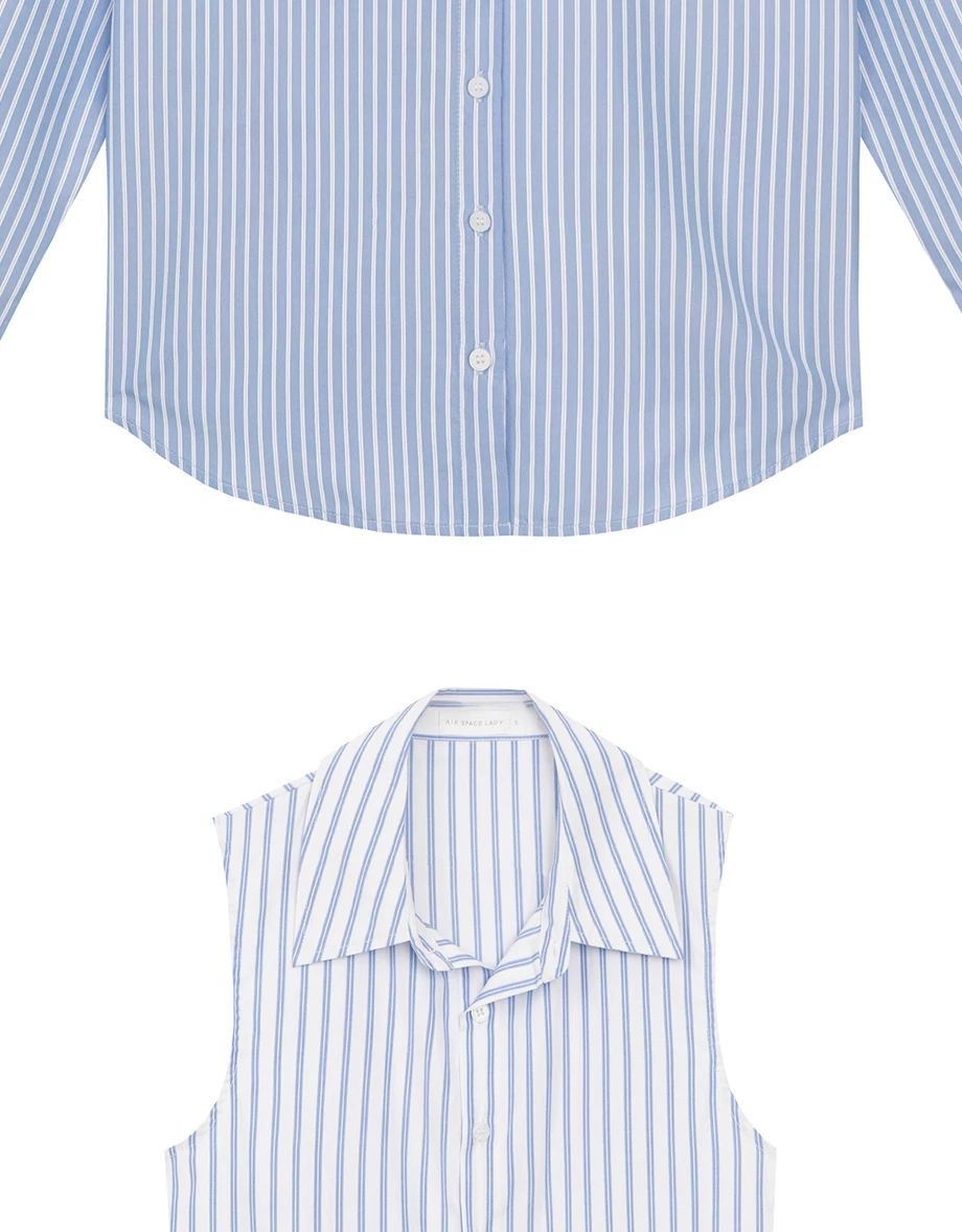 【Ling Cheng Design】Button Down Collared Shirt Blouse with Sleeveless Inner Shirt Set Wear  (Striped / Solid)