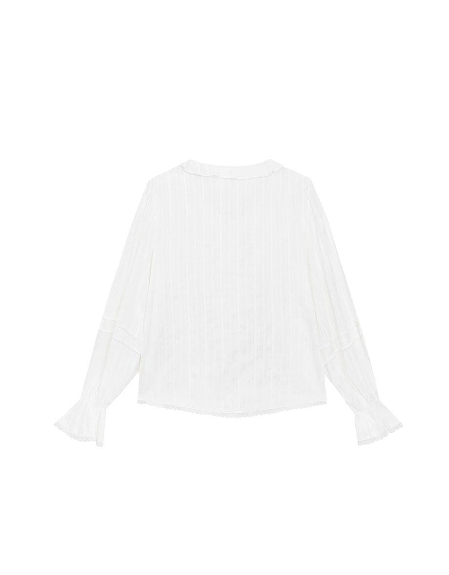 【Ling Cheng Design】Lace Trim Puff Sleeve Button Front Shirt Blouse