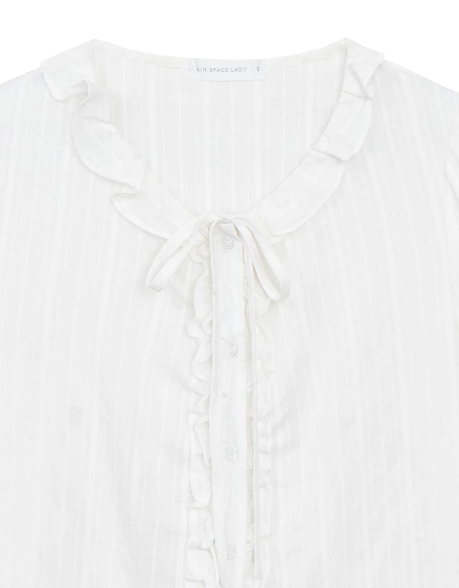 【Ling Cheng Design】Lace Trim Puff Sleeve Button Front Shirt Blouse