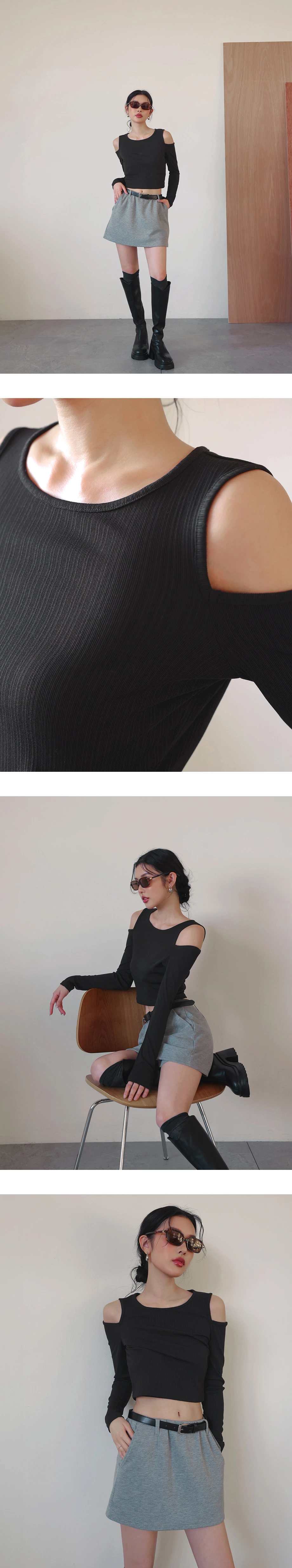 Basic Ribbed Cold Shoulder Long Sleeve Top