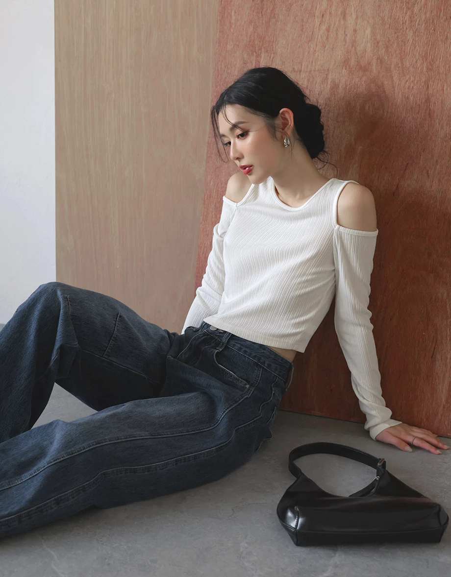 Basic Ribbed Cold Shoulder Long Sleeve Top Basic Ribbed Cold Shoulder Long Sleeve Top