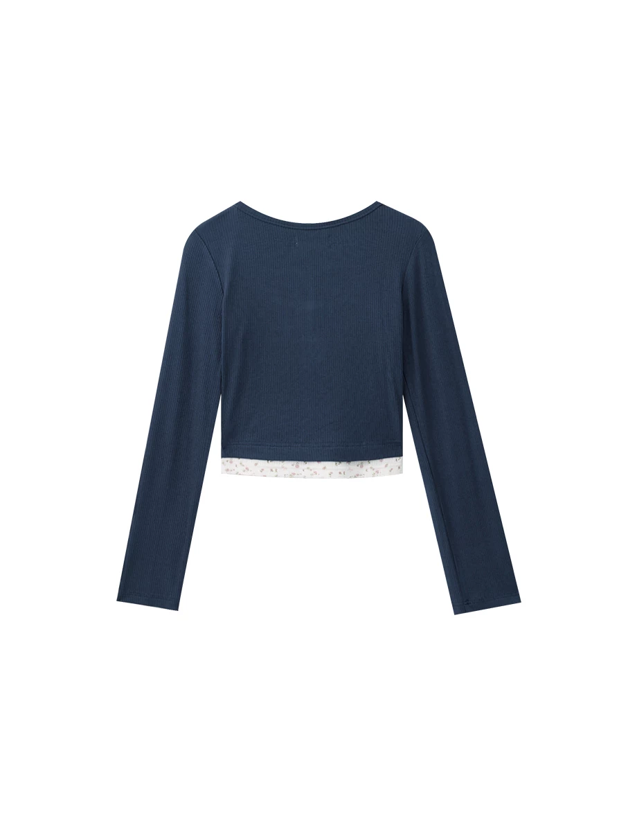 Faux Layered Floral Lace Ribbed Long Sleeve Top