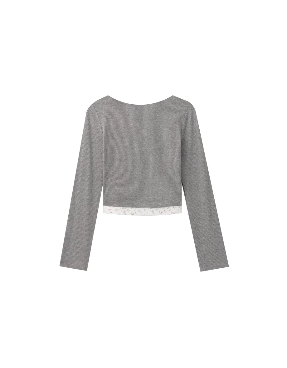 Faux Layered Floral Lace Ribbed Long Sleeve Top Faux Layered Floral Lace Ribbed Long Sleeve Top