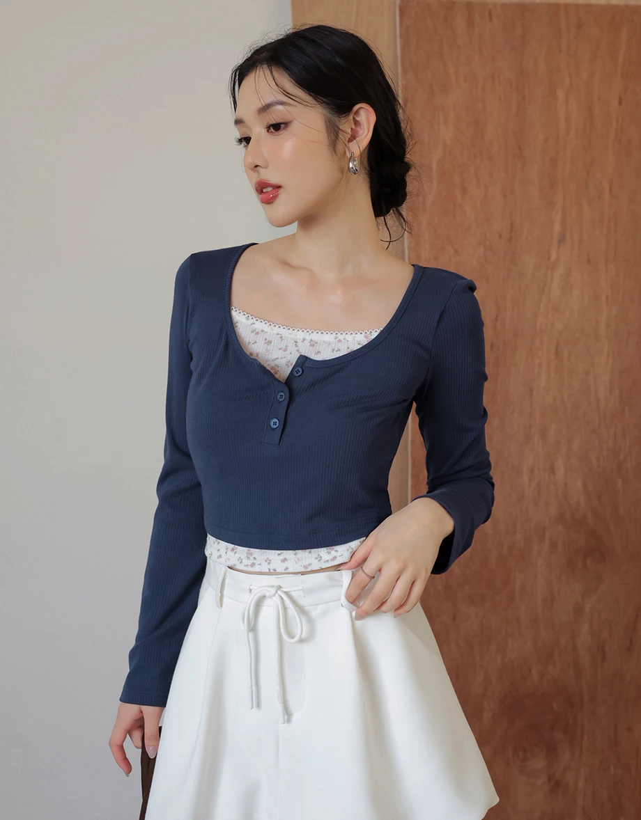 Faux Layered Floral Lace Ribbed Long Sleeve Top