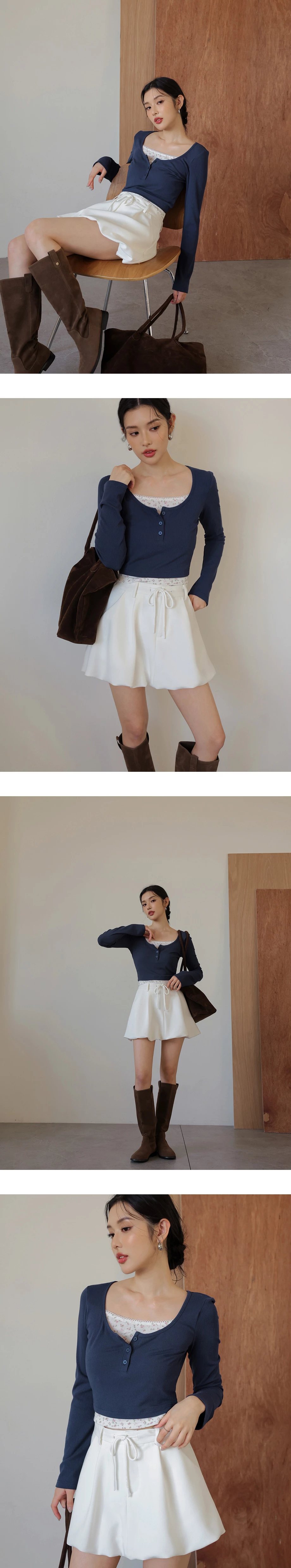 Faux Layered Floral Lace Ribbed Long Sleeve Top