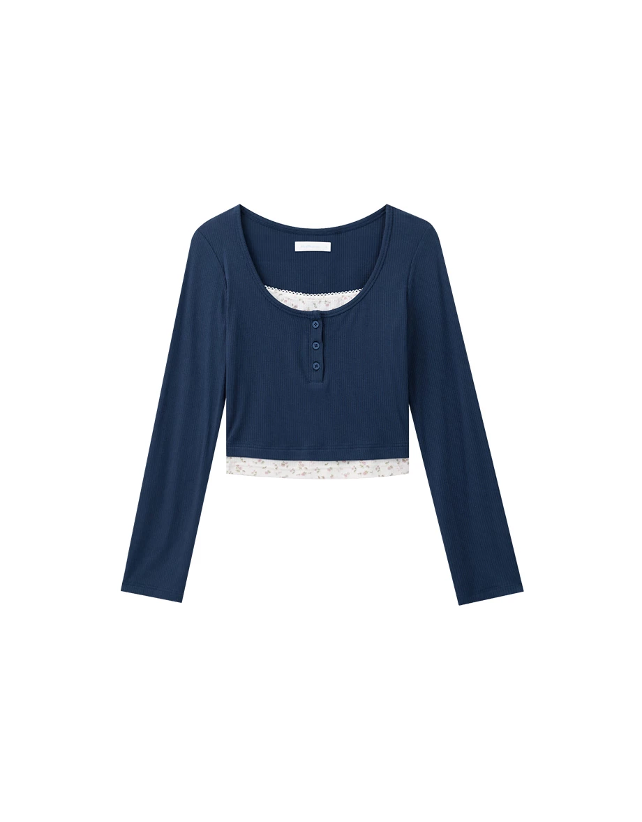 Faux Layered Floral Lace Ribbed Long Sleeve Top