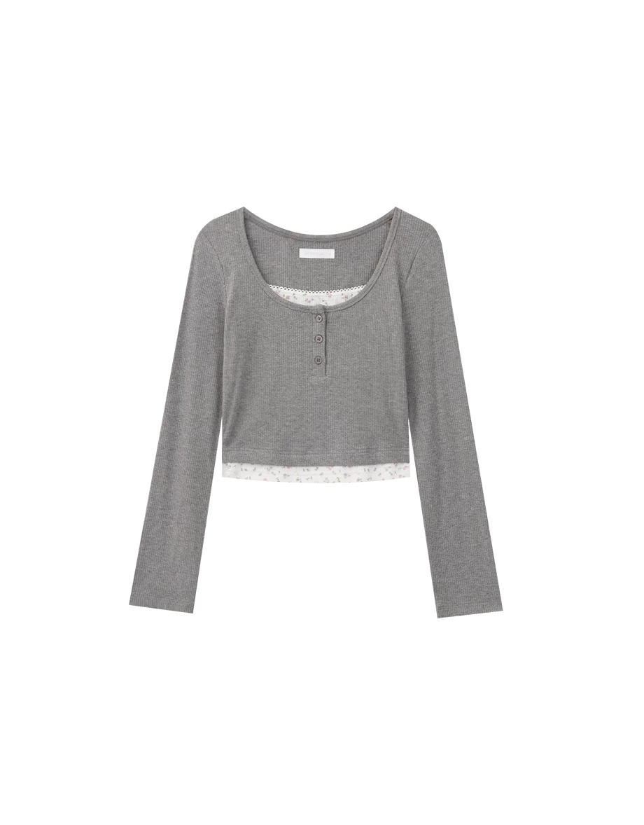 Faux Layered Floral Lace Ribbed Long Sleeve Top Faux Layered Floral Lace Ribbed Long Sleeve Top