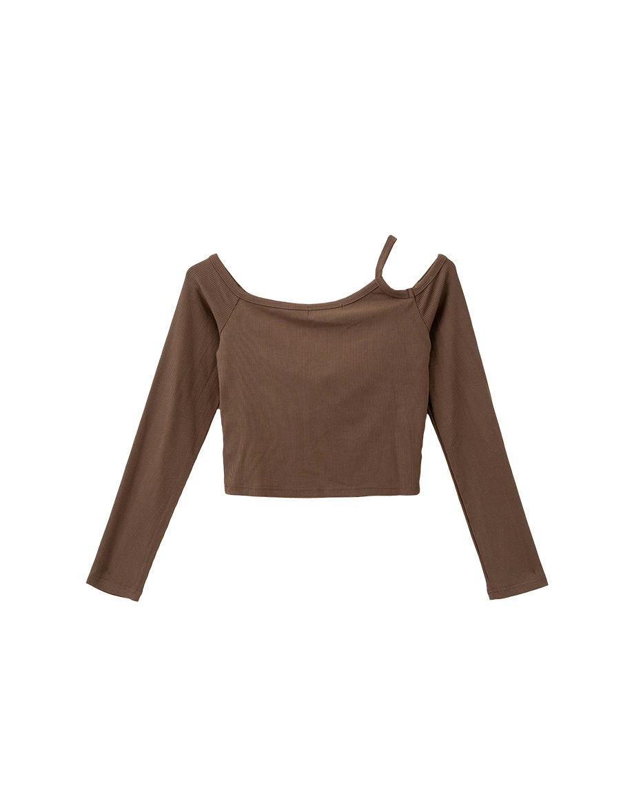 Asymmetric Cut Out Shoulder Ribbed Long Sleeve Padded Bra Top Asymmetric Cut Out Shoulder Ribbed Long Sleeve Padded Bra Top