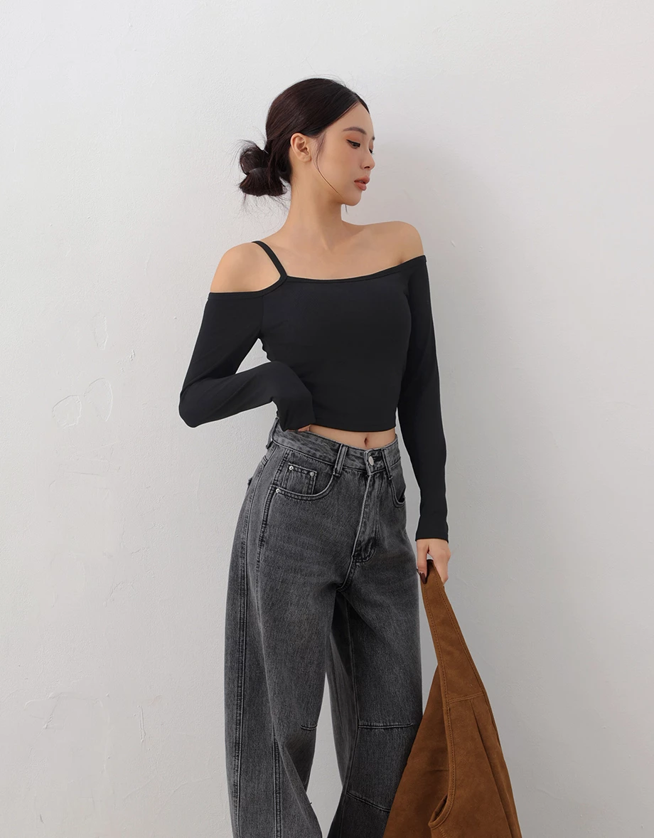 Asymmetric Cut Out Shoulder Ribbed Long Sleeve Padded  Bra Top