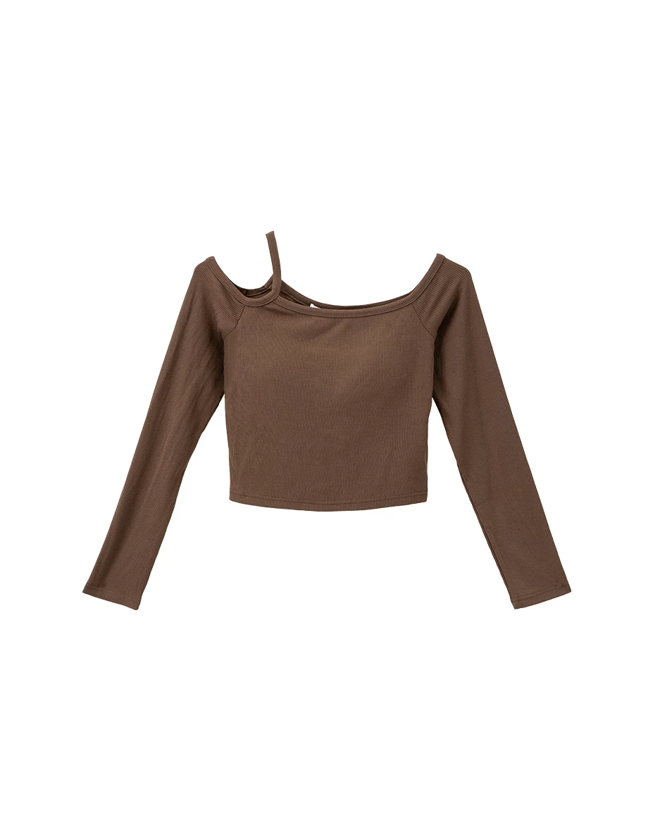 Asymmetric Cut Out Shoulder Ribbed Long Sleeve Padded  Bra Top