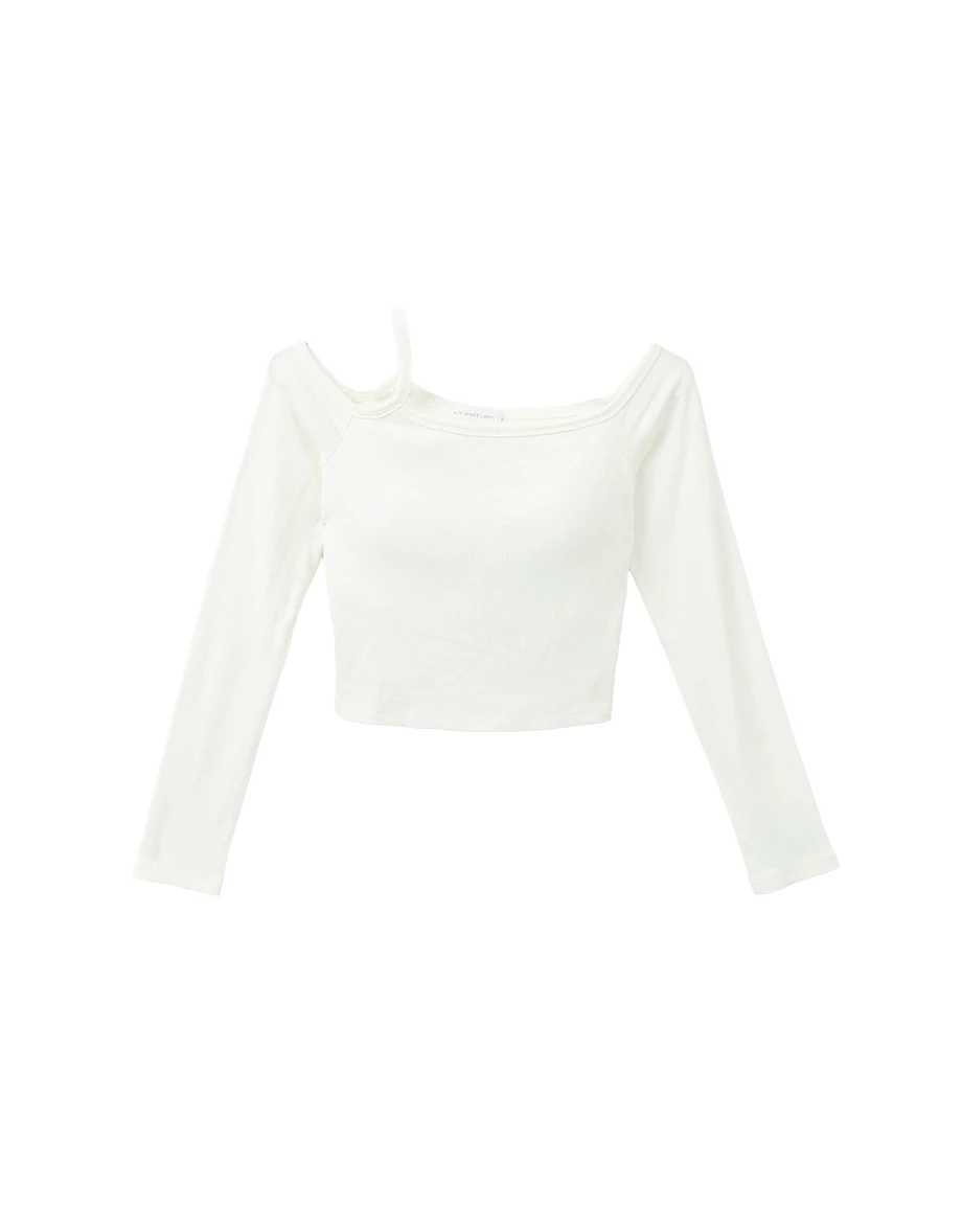 Asymmetric Cut Out Shoulder Ribbed Long Sleeve Padded Bra Top Asymmetric Cut Out Shoulder Ribbed Long Sleeve Padded Bra Top