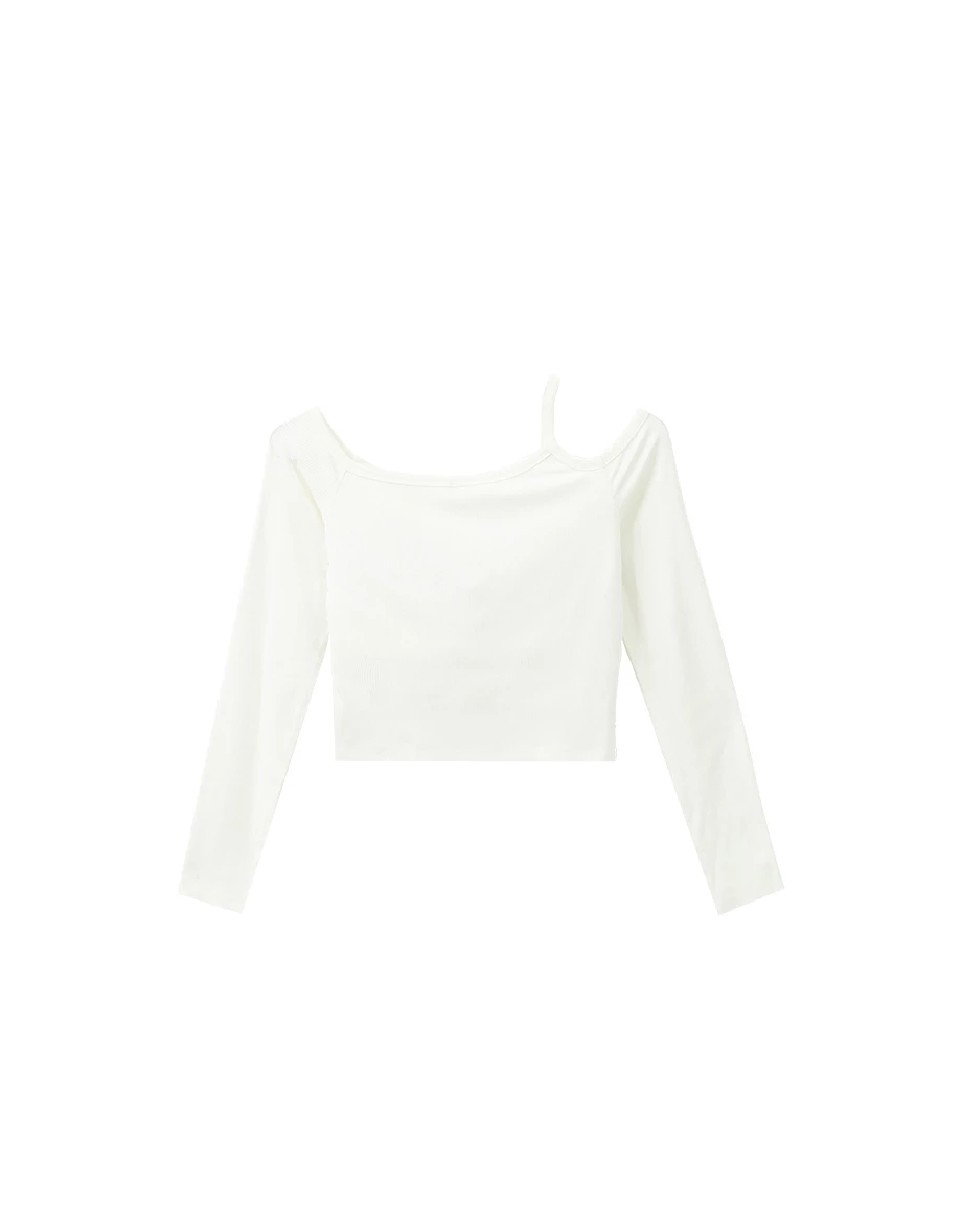 Asymmetric Cut Out Shoulder Ribbed Long Sleeve Padded Bra Top Asymmetric Cut Out Shoulder Ribbed Long Sleeve Padded Bra Top