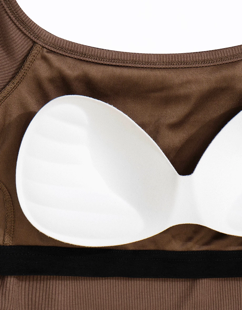 Asymmetric Cut Out Shoulder Ribbed Long Sleeve Padded Bra Top Asymmetric Cut Out Shoulder Ribbed Long Sleeve Padded Bra Top