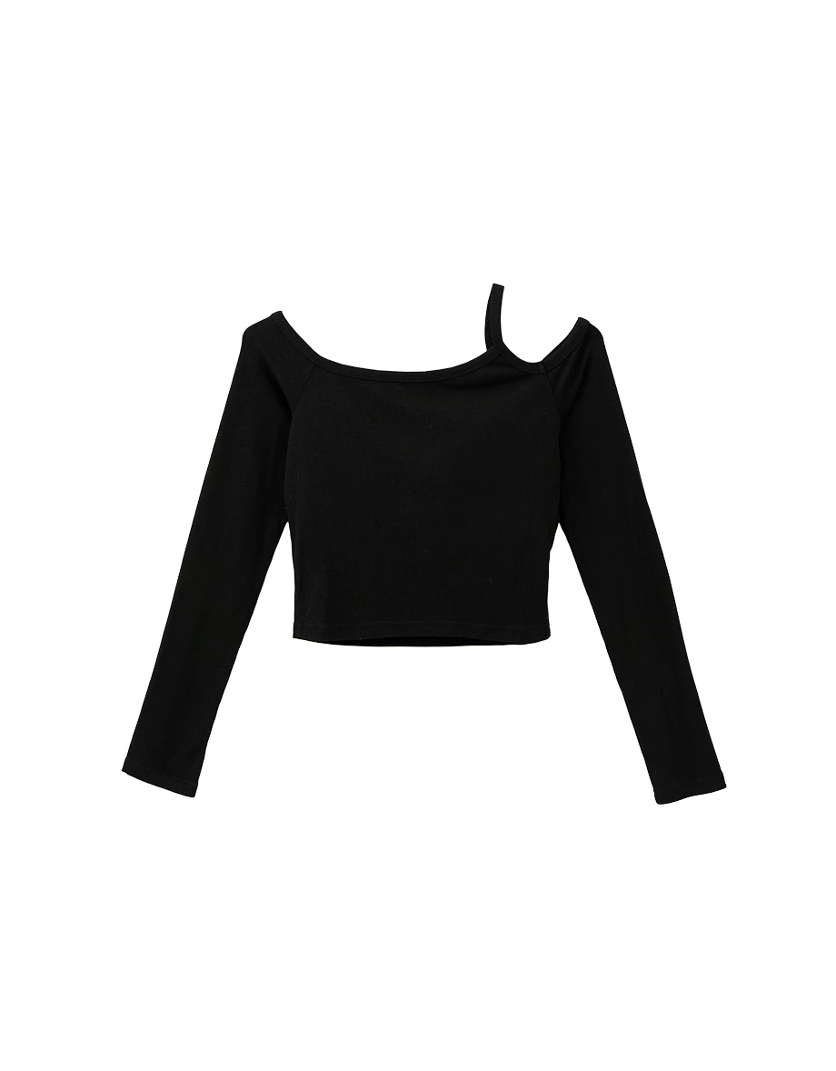 Asymmetric Cut Out Shoulder Ribbed Long Sleeve Padded Bra Top Asymmetric Cut Out Shoulder Ribbed Long Sleeve Padded Bra Top