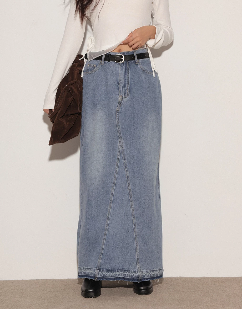 Frayed Hem High Waist Jeans Denim Maxi Skirt