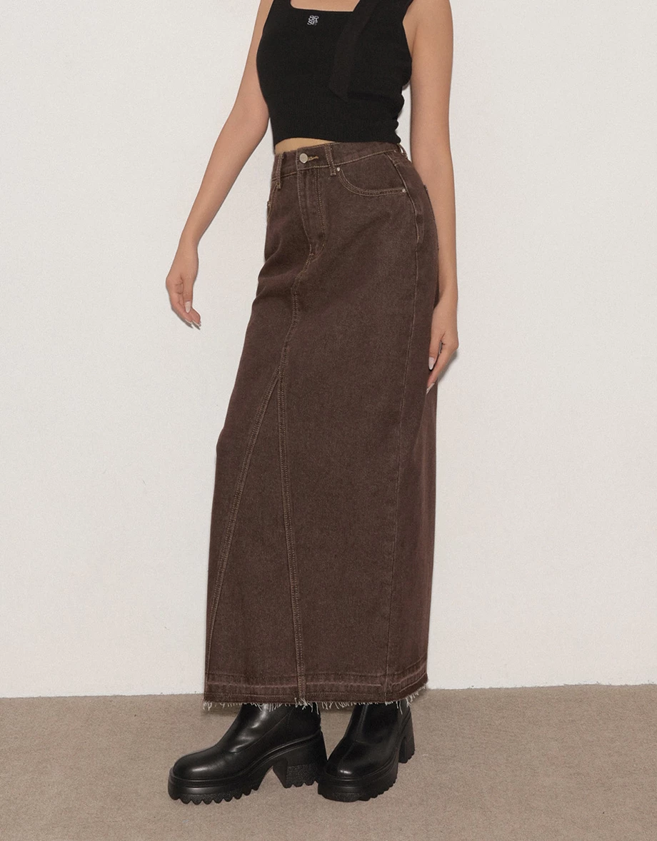 Frayed Hem High Waist Jeans Denim Maxi Skirt