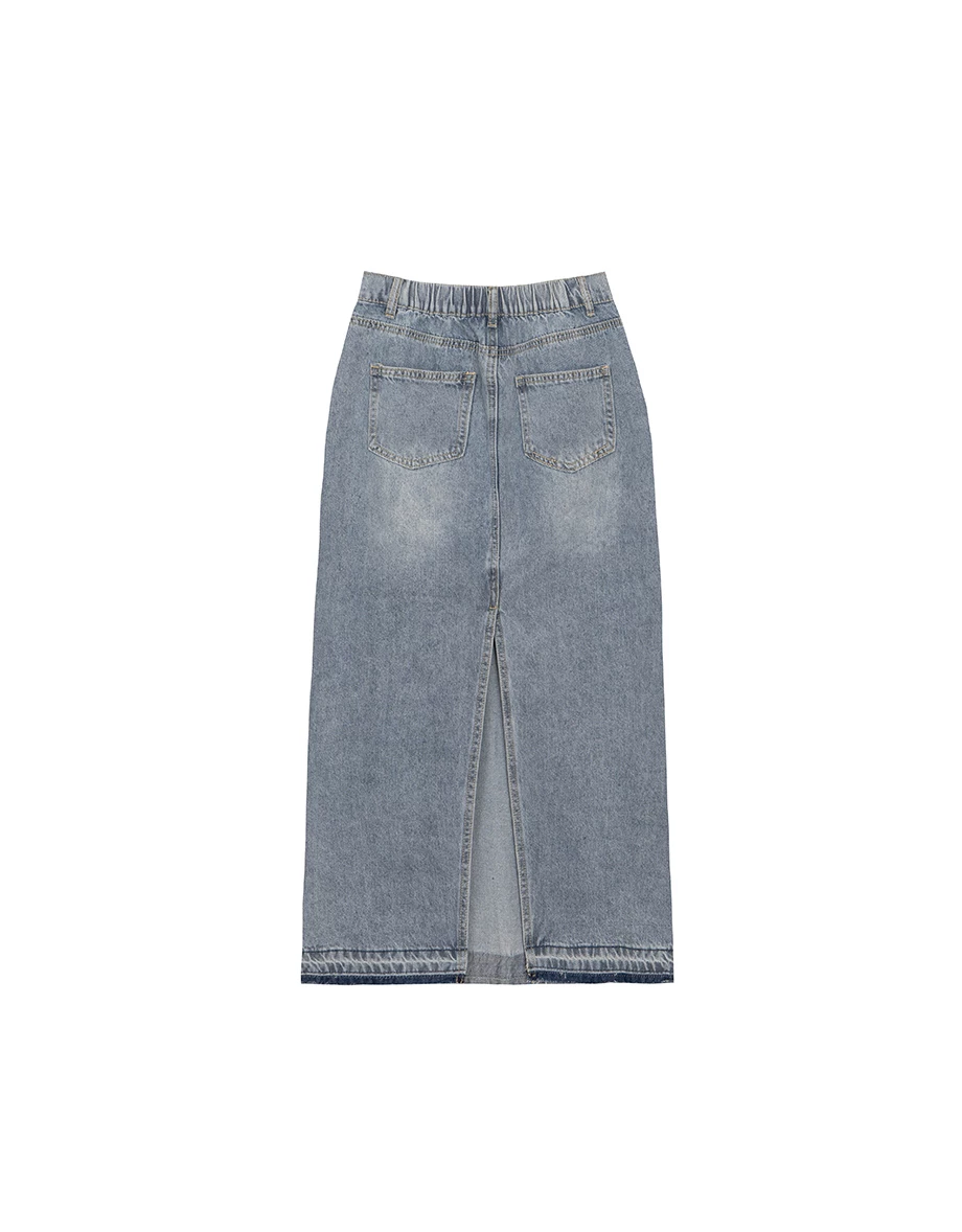 Frayed Hem High Waist Jeans Denim Maxi Skirt