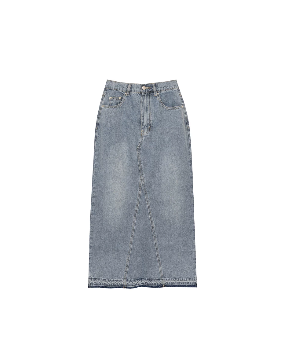 Frayed Hem High Waist Jeans Denim Maxi Skirt