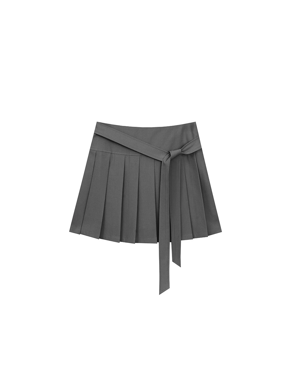 High Waist Pleated Mini Skirt with Tie Detail