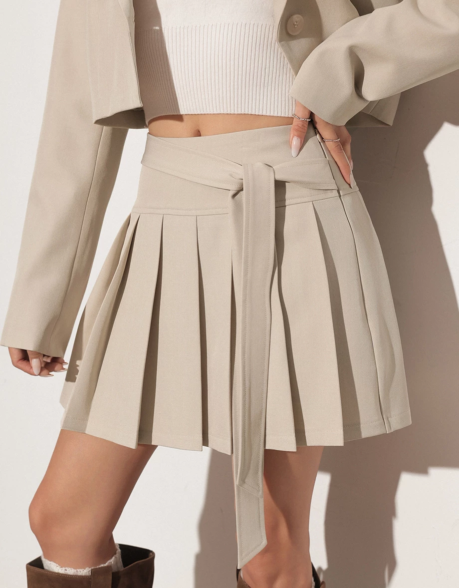 High Waist Pleated Mini Skirt with Tie Detail